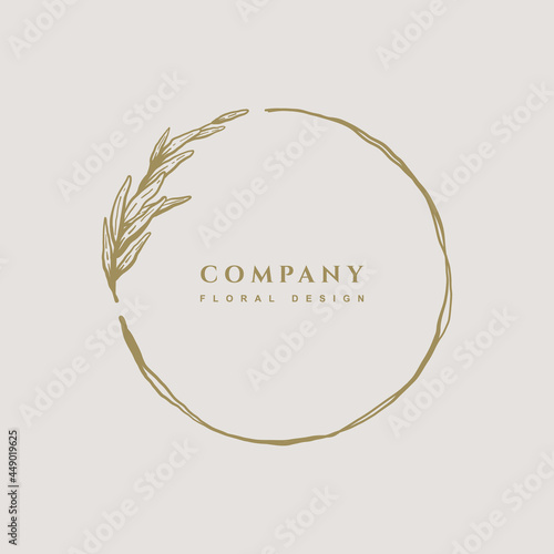 Hand drawn floral logo template. Circle frames in minimal style in gold color. Botanical trendy vector illustration for labels, logotypes, branding business identity, wedding invitation