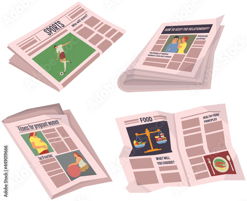 Collection of newspapers isolated on white background. Bundle of periodical publications of various articles, news, food, sports. Paper publications with fresh news. Newspapers on various topics