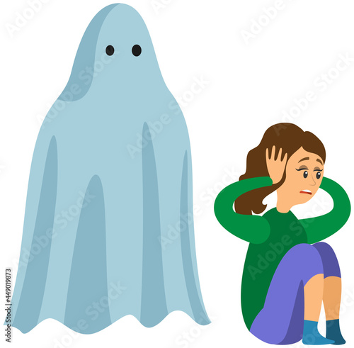 Woman scared of spooky monster. Young lady is afraid of ghost. Girl covers ears from fright near monster, ghost in sheet. Frightened female character is looking at flying phantom in white sheet