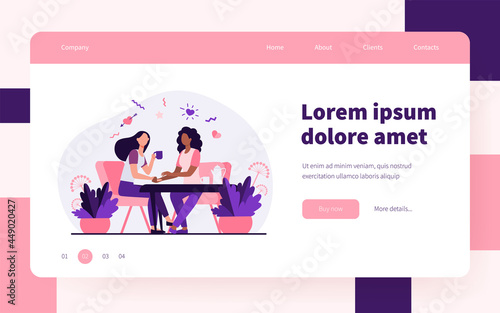 Female friends talking over cup of tea. Holding hand, giving comfort, coffee shop flat vector illustration. Communication, friendship concept for banner, website design or landing web page