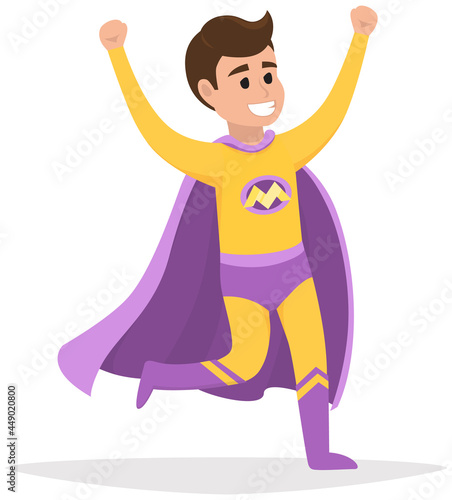 Cartoon superhero smiles and hurries to save world. Brave character in superman yellow costume with purple cloak and emblem running on white background. Strong savior protects people from villains