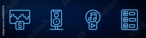 Set line Play in square, Music wave equalizer, Stereo speaker and playlist. Glowing neon icon on brick wall. Vector