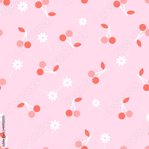 Wallpaper Mural Seamless pattern with cherries and little flower on pink background vector. Torontodigital.ca