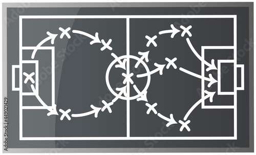 Top view of soccer field or football field flat vector gray playground with schema indicating position of players during match. Strategic plan of coach in team play, attack pattern with arrows on way