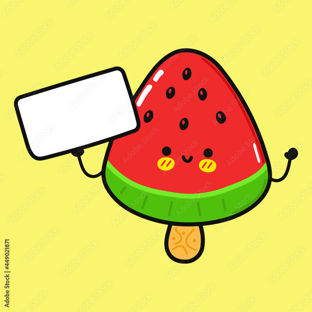 Cute funny watermelon ice cream with poster. Vector hand drawn cartoon kawaii character illustration icon. Isolated on yellow background. Watermelon ice cream think concept Cute funny watermelon ice cream with poster. Vector hand drawn cartoon kawaii character illustration icon. Isolated on yellow background. Watermelon ice cream think concept