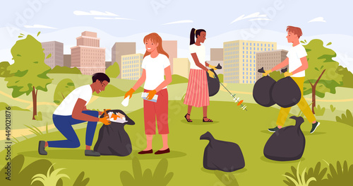 People clean summer garden, helping to save nature of city park vector illustration. Cartoon young volunteer characters collect rubbish, teens group volunteering, cleaning urban landscape background