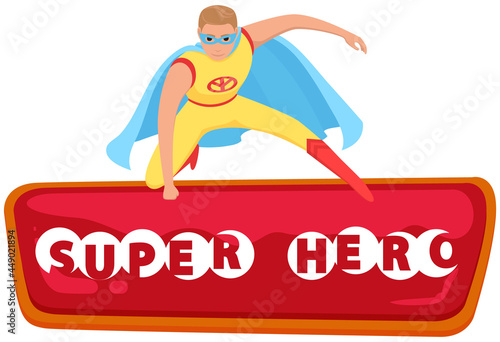 Strong super man smiles and flies to save world stretched out his hand. Brave character in superhero costume with cloak on white background. Cartoon person hurries to protects people from villains