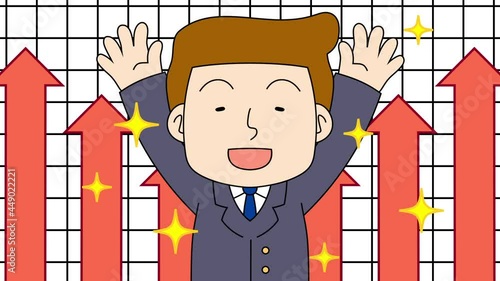 業績アップして喜ぶビジネスマンと上に伸びる矢印