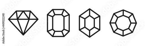 Gems stone black lines icons set : Diamond, Sapphire, Emerald, Ruby. Isolated jewels symbols on white background. Gemstones collection. Vector illustration.