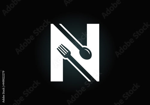 Initial N monogram alphabet with a fork, spoon. Font emblem. Modern vector logo for cafe, restaurant, cooking business, and company identity