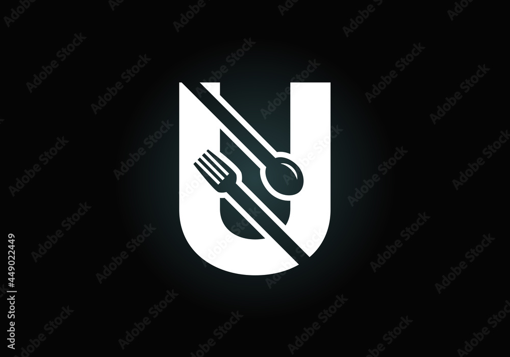 Initial U monogram alphabet with a fork, spoon. Font emblem. Modern vector logo for cafe, restaurant, cooking business, and company identity Initial U monogram alphabet with a fork, spoon. Font emblem. Modern vector logo for cafe, restaurant, cooking business, and company identity