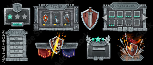 Stone game interface menu design elements kit, gray rock frame panel, award badge, wooden shield. Medieval knight weapon, level selection background, VS sign team banner. Isolated stone UI game set
