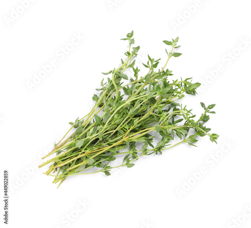 Bunch of aromatic thyme on white background, top view. Fresh herb