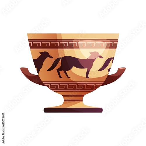 Antique Greek vase with decoration. Ancient traditional clay jar or pot for wine. Vector cartoon illustration.