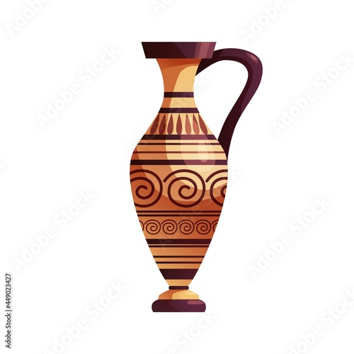 Antique Greek vase with decoration. Ancient traditional clay jar or pot for wine. Vector cartoon illustration.