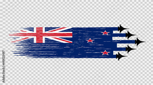 New Zealand flag with military fighter jets isolated  on png or transparent ,Symbols of New Zealand, template for banner,card,advertising ,promote,poster, vector,top gold medal  winner sport country
