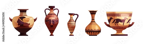 Antique Greek vase with decoration. Ancient traditional clay jar or pot for wine. Vector cartoon illustration.