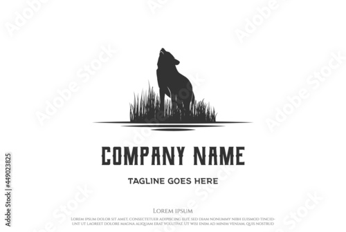 Retro Vintage Howling Wolf with Grass Savanna Logo Design Vector