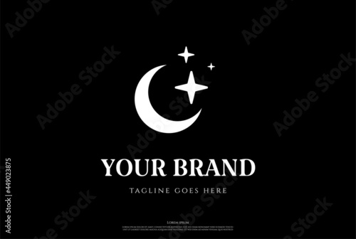 Simple Minimalist Crescent Moon Star Night Logo Design Vector