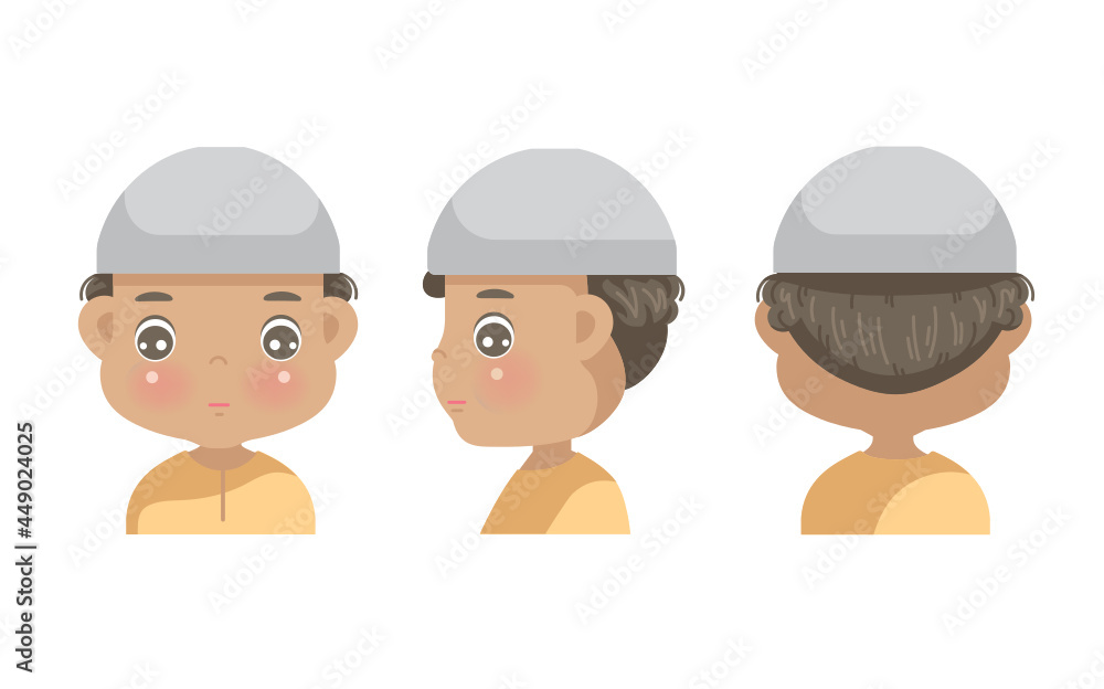 muslim boy. black hair little boy face mask. front, side and rear view. head of preschool character. muslim boy. black hair little boy face mask. front, side and rear view. head of preschool character.