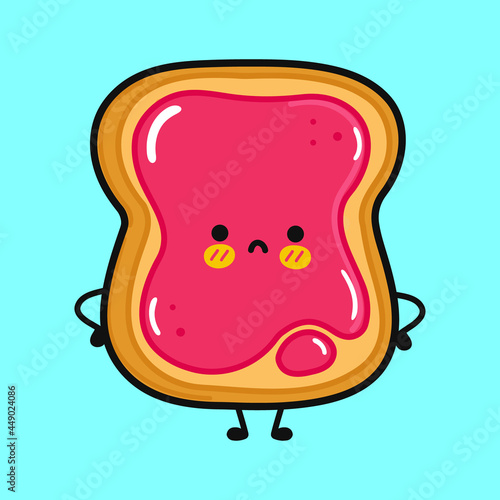 Cute sad toast with jam character. Vector hand drawn cartoon kawaii character illustration icon. Isolated on blue background. Toast with jam character concept