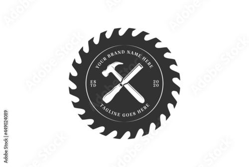 Vintage Circular Saw Blade with Hammer and Chisel for Carpenter or Woodworking Logo Design Vector
