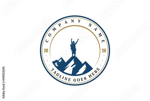 Male Man on Mountain Top Peak for Winner Adventure Champion Logo Design Vector