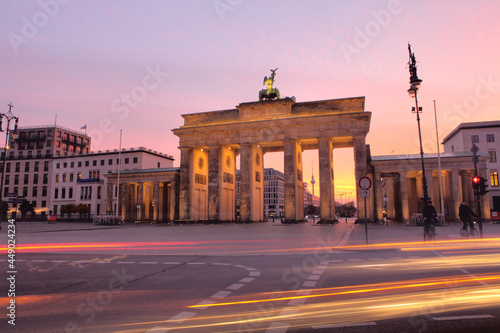 The Brandenburg Gate and light tracks, Berlin, Germany