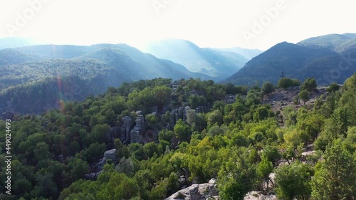 Wallpaper Mural Aerial panoramic view of forested mountains slopes with rock formations. Torontodigital.ca