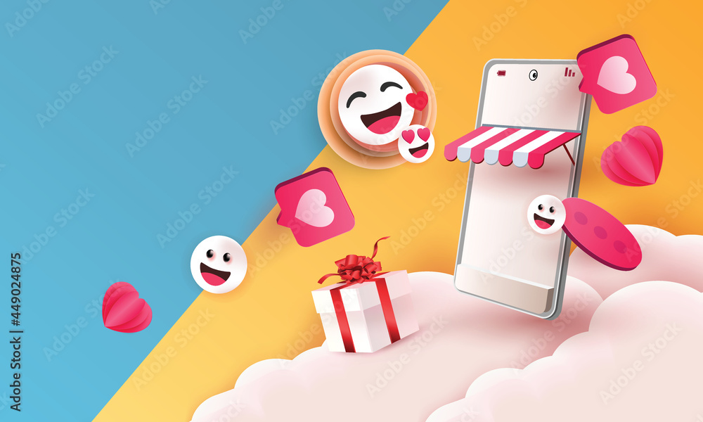 Fototapeta premium shopping online and Social media emoji followers internet media banner, network message icons. Vector illustation background on phone 