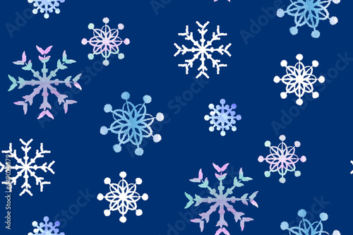 seamless winter pattern with snowflakes painted in watercolor on a blue background for surface design