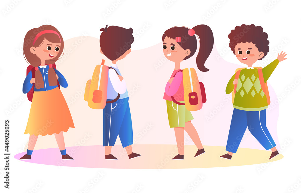 Set of kids. Children and preschoolers. Small cheerful children with backpacks go to school. Girls and boys of school age. Design elements isolated on white background. Flat Vector Collection
