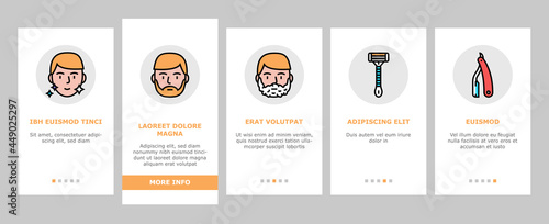 Shave Treat Accessory Onboarding Mobile App Page Screen Vector. Razor For Shave Mustache And Beard, Epilator Device And Lotion For Shaving Leg Hair Illustrations