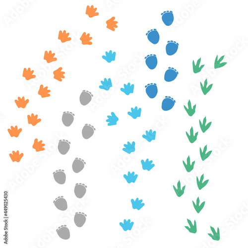 Set of vector illustrations, different shape colorful dinosaur foot prints tracks on a white background. Great for boys and kids designs