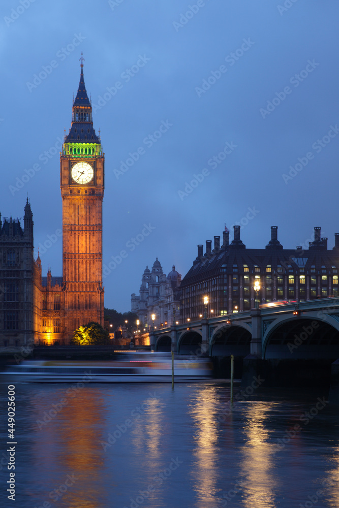 Palace of Westminster at dusk viewed from across the river Thames, London, UK Palace of Westminster at dusk viewed from across the river Thames, London, UK
