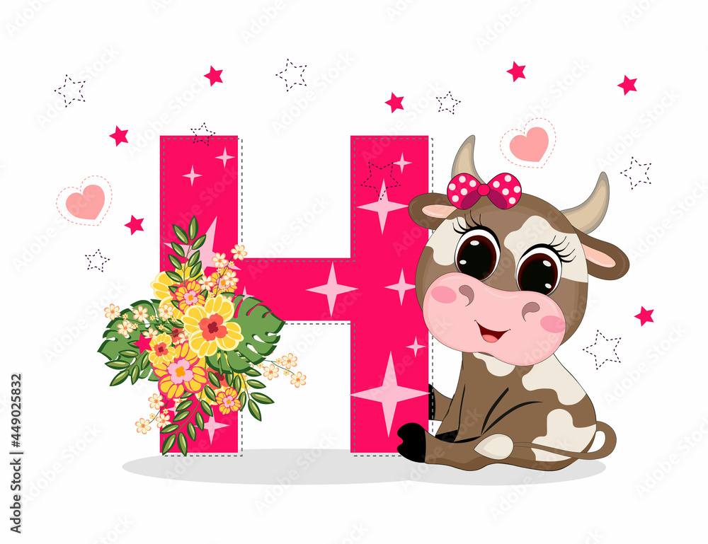 Cute Cartoon little baby beautiful cow girl with letter H. Perfect for  greeting cards, party invitations, posters, stickers, pin, scrapbooking,  icons. Stock Vector | Adobe Stock