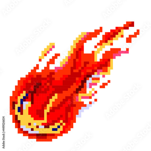 Falling fiery pixel comet. Flaming fire ball rushing towards planet burning asteroid with glowing yellow core red flame after powerful explosion with vector sparks.