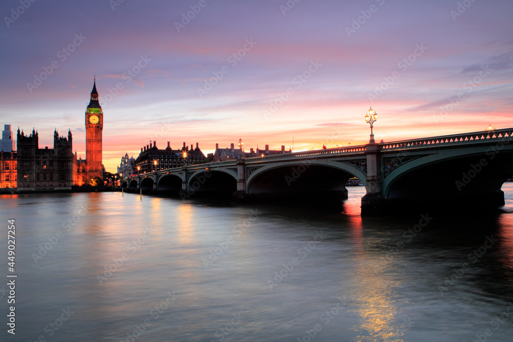 Palace of Westminster at dusk, viewed from across the river Thames, London, UK Palace of Westminster at dusk, viewed from across the river Thames, London, UK