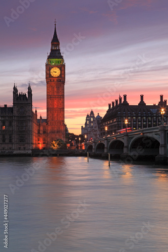 Palace of Westminster at dusk  viewed from across the river Thames  London  UK