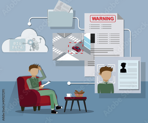 Flat design of internet of things concept,AI and cloud technology in human life,Police officer sent the warning to the house - vector