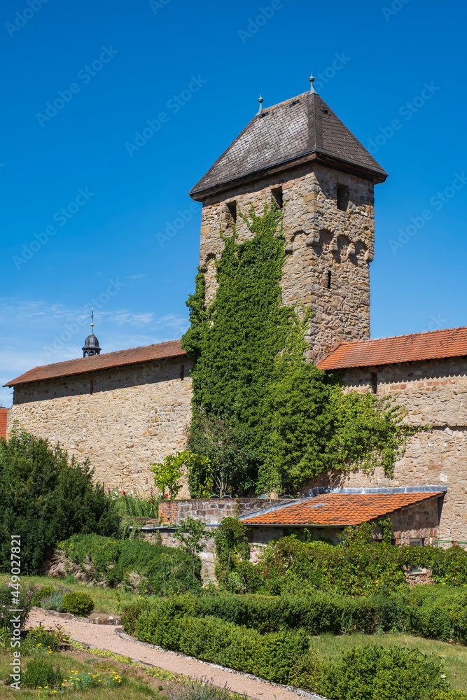 View to a defense tower of the old city wall of Kirchheimbolanden / Germany 