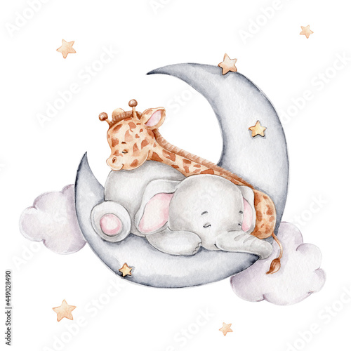 Cute giraffe and elephant sleeping on the moon; watercolor hand drawn illustration; with white isolated background