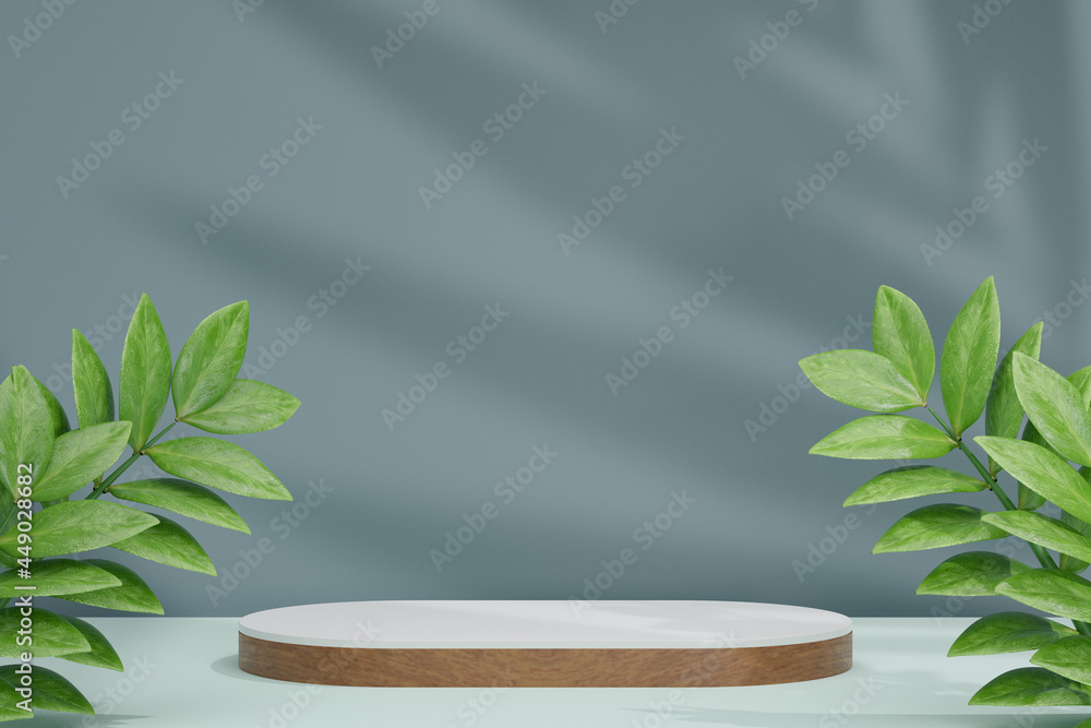 Cosmetic display product stand, white wood long round cylinder podium bar with leaf and palm leaf shadow background. 3D rendering illustration Cosmetic display product stand, white wood long round cylinder podium bar with leaf and palm leaf shadow background. 3D rendering illustration