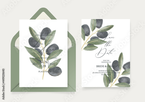 Wedding invitation card template, with watercolor olive branch, green leaves, brunches, and handmade calligraphy