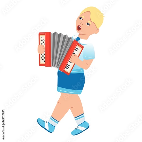 The character plays the accordion. Vector. Cartoon style. Learning to play a musical instrument. School and education concept.