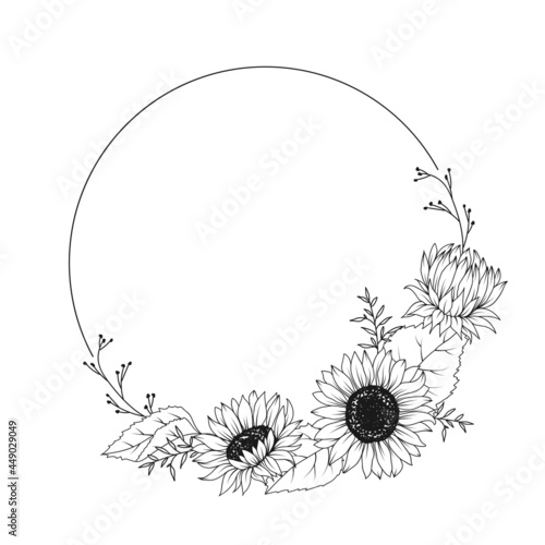 Sunflower hand drawn floral frame wreath