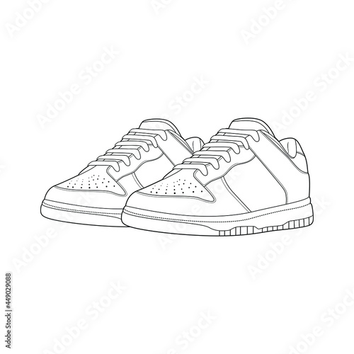 shoes sneaker outline drawing vector, shoes sneaker in a sketch style, trainers template outline, vector Illustration.