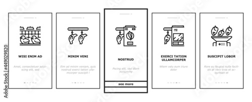 Chicken Meat Factory Onboarding Mobile App Page Screen Vector. Chicken Feather Pluck And Washing Machine, Conveyor And Refrigerator For Frozen Carcass Illustrations