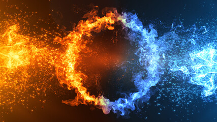 Fire and Ice Concept Design with spark. 3d illustration.