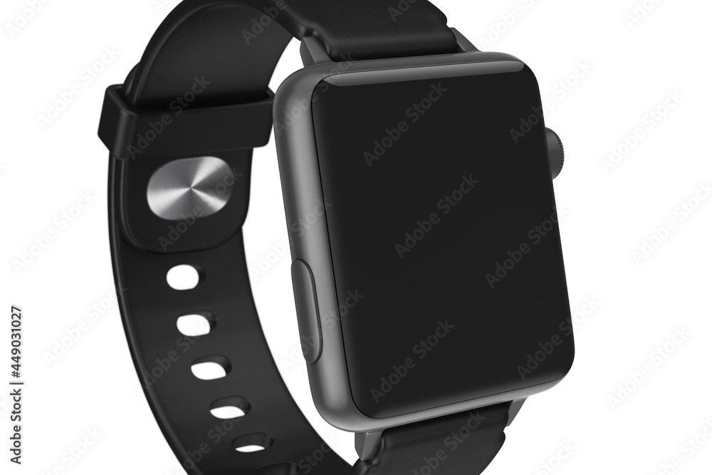 Black Modern Smart Watch Mockup and Strap with Blank Black Screen for Your Design Closeup. 3d Rendering Black Modern Smart Watch Mockup and Strap with Blank Black Screen for Your Design Closeup. 3d Rendering